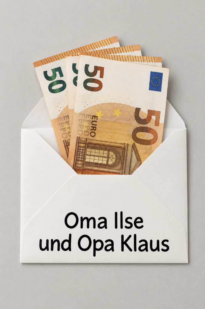 Briefumschlag mit drei 50-Euro-Scheinen und der Aufschrift „Oma Ilse und Opa Klaus“